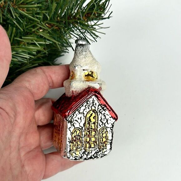 Vintage West Germany Blown Mercury Glass House Church Village Christmas Ornament - Picture 7 of 10